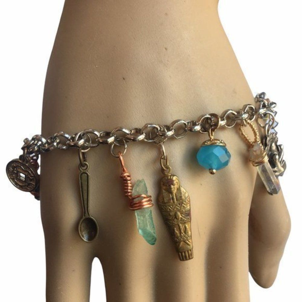 Silver Tone Chain Charm Bracelet Handmade Hand Assembled